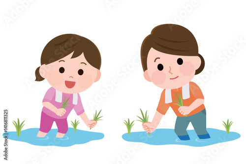 田植え体験をする親子　イラスト