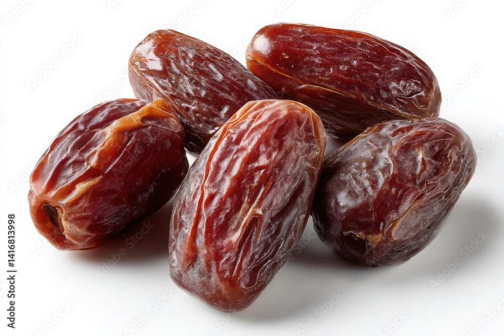 Close-up Photograph of Pile of Medjool Dates, Brown, Shiny, Delicious, Healthy Snack, Fruit, Ramadan Food, White Background Close-up Photograph of Pile of Medjool Dates, Brown, Shiny, Delicious, Healthy Snack, Fruit, Ramadan Food, White Background