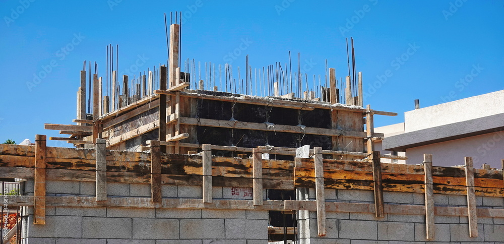 Building Construction Process Wooden Framework Bright Daytime Blue Sky Building Construction Process Wooden Framework Bright Daytime Blue Sky
