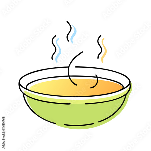 Hot soup in a green bowl with steam rising  