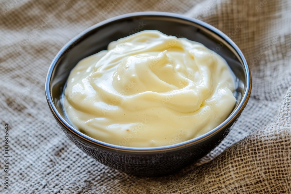Close-up of creamy, light-yellow vanilla pudding in a rustic dark bowl on a textured beige cloth, creating a simple, comforting dessert scene. Close-up of creamy, light-yellow vanilla pudding in a rustic dark bowl on a textured beige cloth, creating a simple, comforting dessert scene.