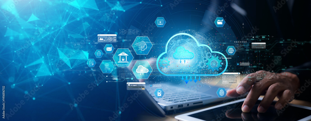 Fototapeta premium cloud technology concept Global network of global business Megatrends on the Internet for Telecommunication.