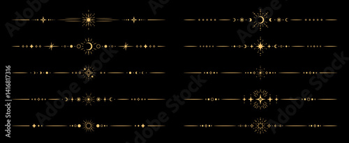 Esoteric magic celestial divider borders. Vector set of fantasy lines with mystical esoteric sun, crescent moon and star symbols in boho style. Mystic, astrology, witchcraft space spiritual frames