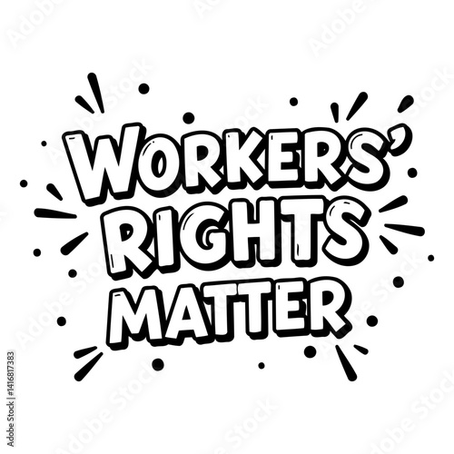 Motivational graphic, bold lettering, "Workers' Rights Matter," perfect for social media, activism, or educational campaigns.  Black and white, fun and impactful style.
