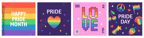 Set of banners with pixel LGBTQ symbols and celebratory text. Hand drawn vector illustration for LGBT pride month.