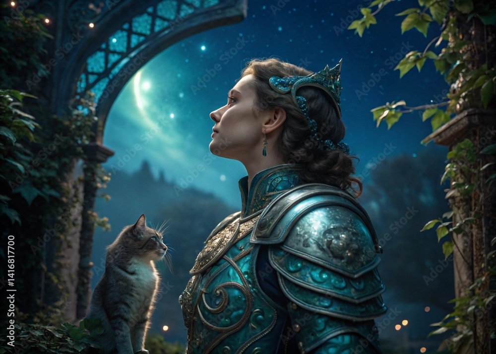 Fototapeta premium Woman in Ornate Armor with Crown Looking at Starry Night Sky | Fantasy Portrait of a Queen with a Cat in a Magical Garden Setting for Book Covers and Gaming Art