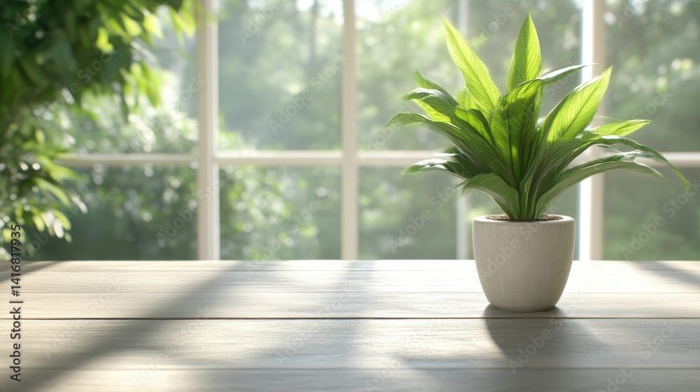 Sunlight streams through a window, illuminating a small potted plant on a wooden table Sunlight streams through a window, illuminating a small potted plant on a wooden table