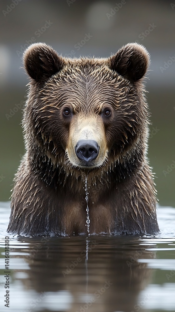 Obraz premium Brown bear emerging from water, facing forward.