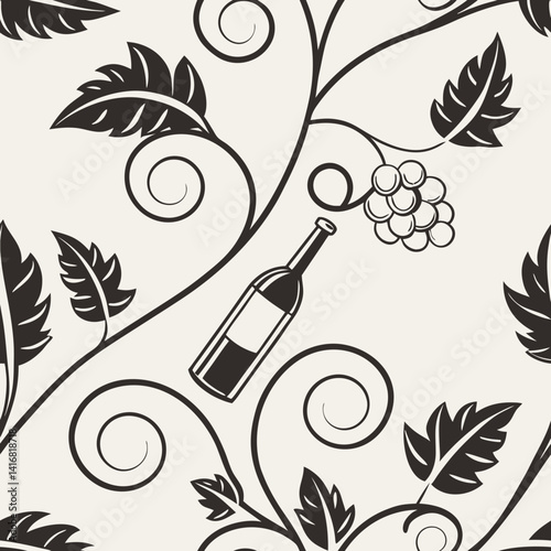 Seamless vector pattern of vines with wine bottle and grapes  