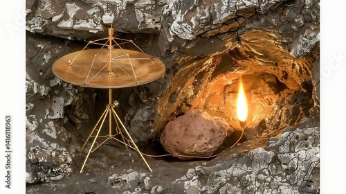 Golden antenna array and incandescent rock in an ancient cave art installation