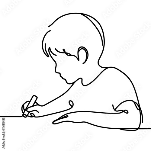 Boy writing at desk in continuous line drawing