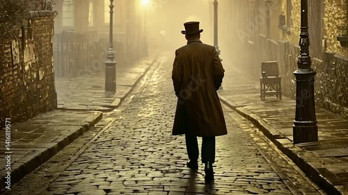 Man in top hat walks cobblestone street, foggy night