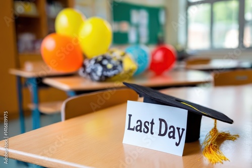 Graduation mortarboard and last day sign celebrating the end of school year