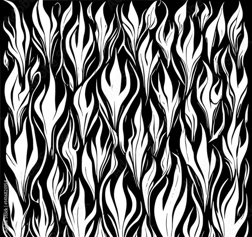 Flame Pattern: A bold monochrome illustration depicts a dynamic, abstract design of stylized flames, creating a powerful and energetic visual.