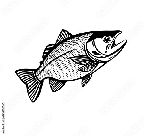 Salmon Leap: A detailed monochrome line art illustration depicts a salmon mid-leap, showcasing its powerful form and scales in elegant black ink.