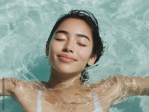Serene woman floating weightlessly in pristine pool water, eyes closed, embodying relaxed summer leisure and peaceful mindset