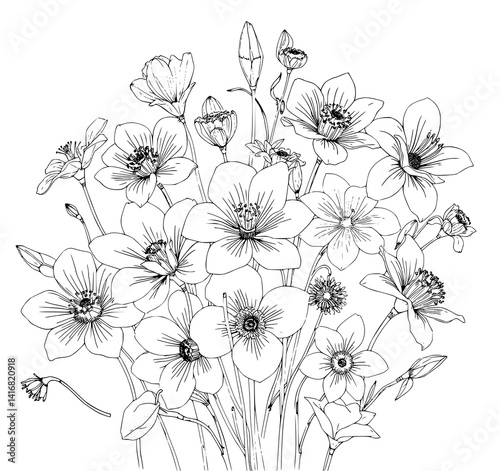 Floral Bouquet: An elegant line art illustration depicts a lush arrangement of various flowers, showcasing intricate details and delicate petals in monochrome.