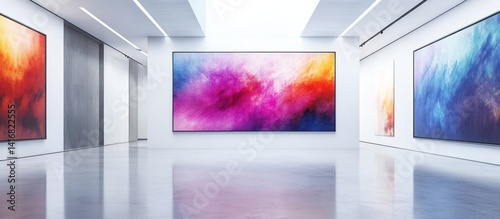 Modern art gallery interior with colorful abstract paintings on display.