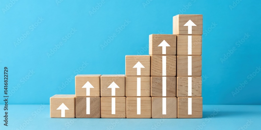 Growth strategy visualization with wooden blocks showing increasing business success over blue background Growth strategy visualization with wooden blocks showing increasing business success over blue background