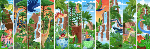 Prehistoric dinosaurs and baby dino characters in eggs vector collage. Cartoon funny titanosauria, brachiosaurus and dimorphodon pterosaur characters. Cute mammoth, argentavis and euhelopus dinosaurs