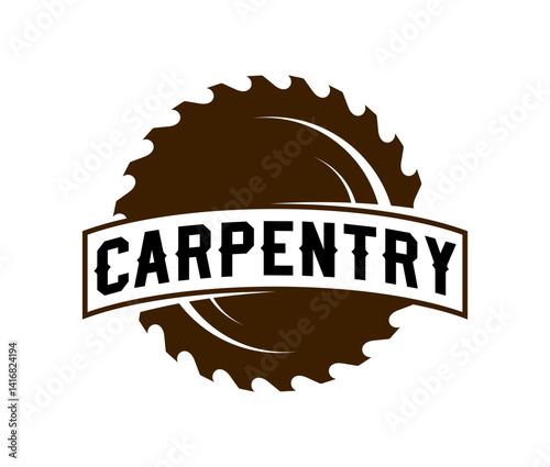 Carpentry or woodwork service store icon. Carpentry service brand vector emblem, woodwork industry workshop icon. Furniture repair hardware and tool shop company symbol or sign with circular saw