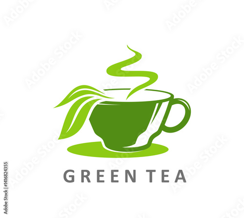 Organic herbal green tea company icon. Herbal beverage shop isolated vector sign, restaurant menu hot drink symbol. Green tea farm or store abstract icon with cup or mug, vapor and brewed leaves