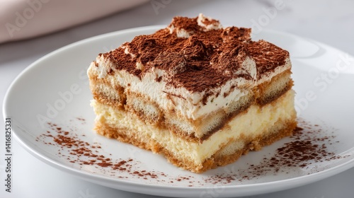 Wallpaper Mural Delicious tiramisu dessert served on a white plate with cocoa powder topping at a cozy dining table setting Torontodigital.ca