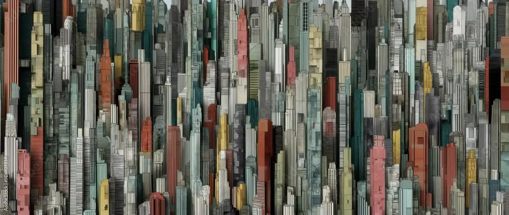Stylized vertical cityscape of abstract skyscrapers in mixed colors and styles, camera cranes upward through dense metropolis with compressed visual layers and patterns