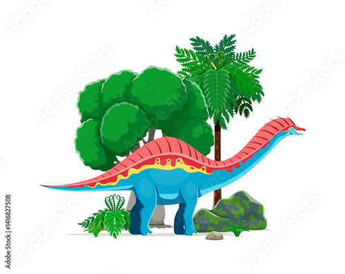 Amargasaurus prehistoric cartoon character. Isolated dinosaur vector ancient herbivore dino with red and blue coloration and spiked back in a lush, tropical landscape with tall trees and rocky terrain