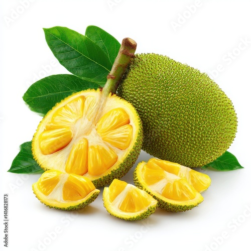 Jackfruit halves and whole fruit on white background