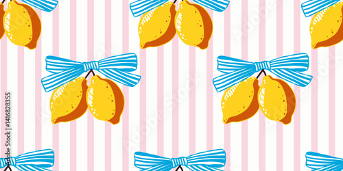 Seamless vector pattern with yellow lemons and striped blue bows on pink and white vertical stripes. Bright and playful Mediterranean design for fabric, branding, kitchen decor, gift wrap or summer 