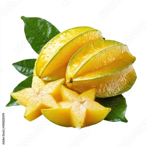 Starfruit with green leaves still life on white background