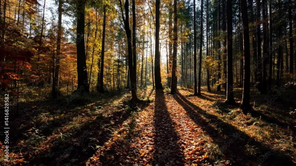 Golden hour light streams through the autumn forest, long tree shadows slowly stretch across the ground, warm hues intensify as sunlight filters through rustling leaves Golden hour light streams through the autumn forest, long tree shadows slowly stretch across the ground, warm hues intensify as sunlight filters through rustling leaves