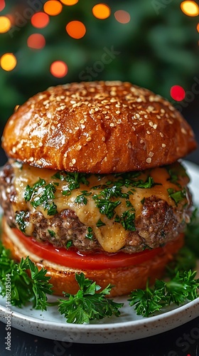 Close-up of a gourmet cheeseburger topped with parsley.