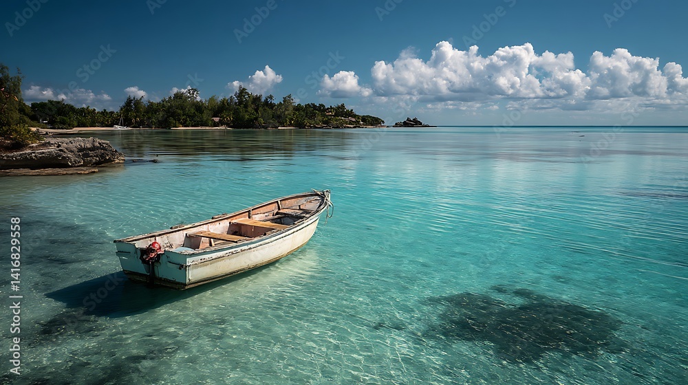Calm tranquil turquoise waters with a small boat Calm tranquil turquoise waters with a small boat