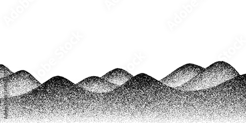 Noise mountains on grain dot background with white and black stipple sand, vector halftone effect. Mountain hills in grunge noise dust texture of halftone pattern with dotwork gradient background