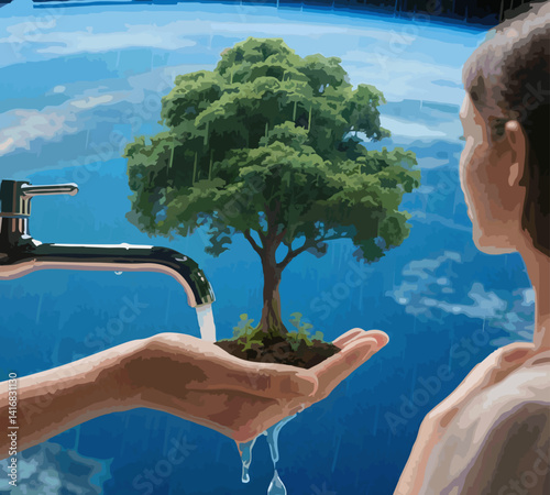 illustration Big rain tree planting in the forest in the world blue aqua in the hands of man woman Water droplets flowing water day