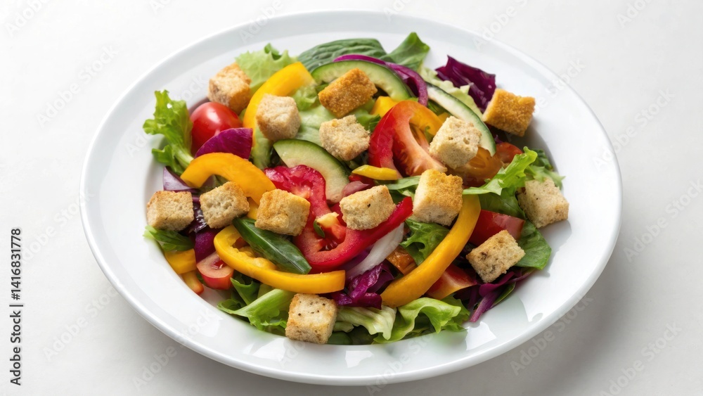 Fresh vegetable salad with lettuce, tomato, cucumber, onion, bell pepper and croutons in white bowl. Studio food photography. Healthy eating and vegetarian meal concept for design and print Fresh vegetable salad with lettuce, tomato, cucumber, onion, bell pepper and croutons in white bowl. Studio food photography. Healthy eating and vegetarian meal concept for design and print