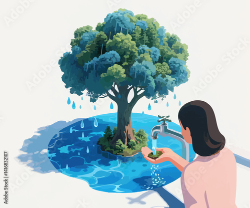 illustration Big rain tree planting in the forest in the world blue aqua in the hands of man woman Water droplets flowing water day
