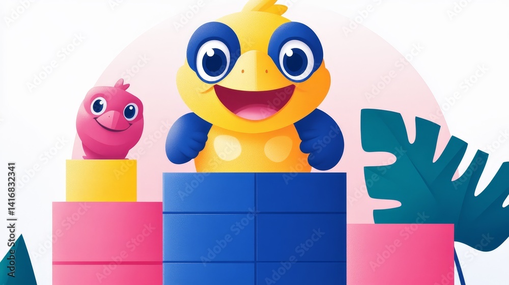 Fototapeta premium Cheerful bird figures atop colorful geometric blocks evoke a playful atmosphere ideal for children's designs and cheerful compositions