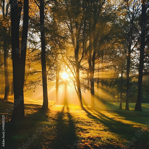 Golden Sunlight Piercing Autumn Forest