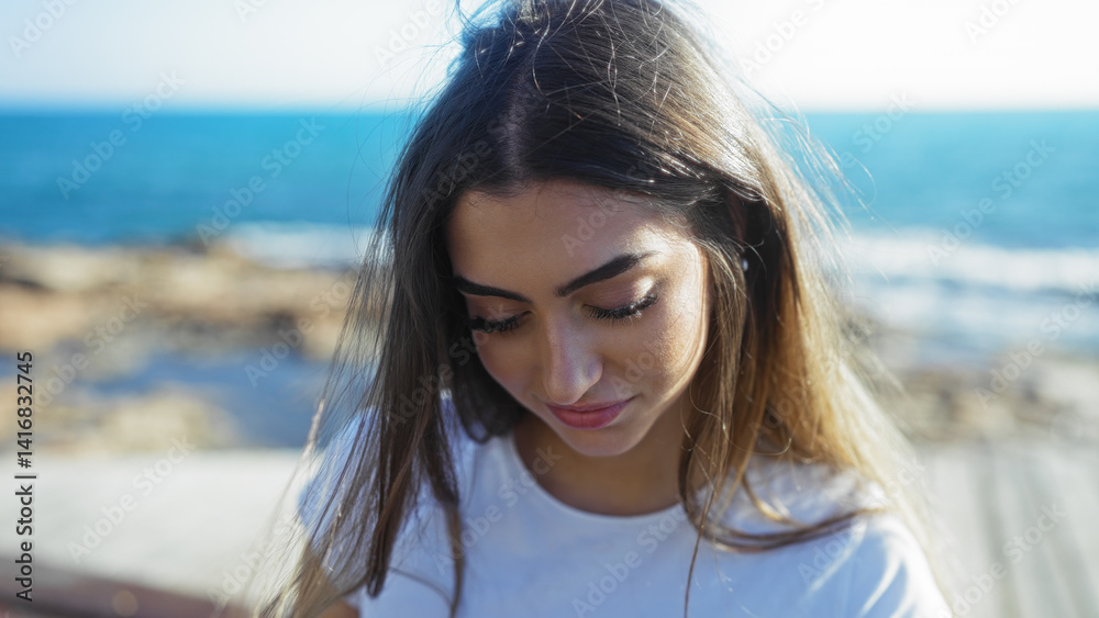 Woman smiling on a sunny seaside promenade with blue sea in background, showcasing natural beauty in an outdoor urban setting. Woman smiling on a sunny seaside promenade with blue sea in background, showcasing natural beauty in an outdoor urban setting.