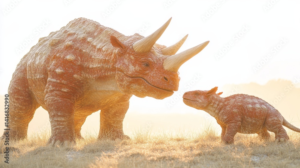 Fototapeta premium Prehistoricencounterwithacubintheancientworldshowcasingearlymammalianlifeandtheinteractionbetweenmotherandbabyundergoldenlightofdawn