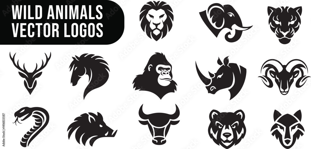 Fototapeta premium Wild Animals silhouette logos set, Animal's head logos, Black and white vector, set of 13 illustration clipart vector art