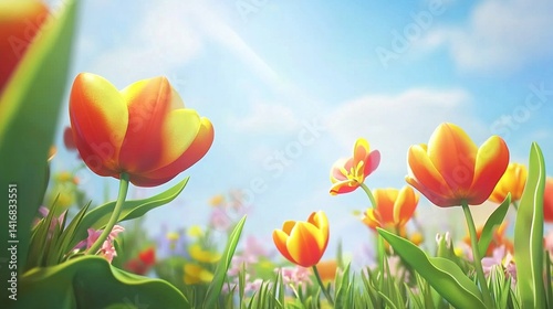 Vibrant spring tulip field in Dutch style with red and yellow flowers blooming against a clear blue sky with shallow depth of field suitable for nature wallpaper use