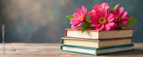 Stack of colorful books with flowers on the pages , bookshelf, stack