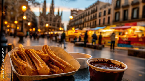A plate of churros sits temptingly next to a cup of rich chocolate sauce, set against a vibrant Barcelona backdrop illuminated by warm street lights photo