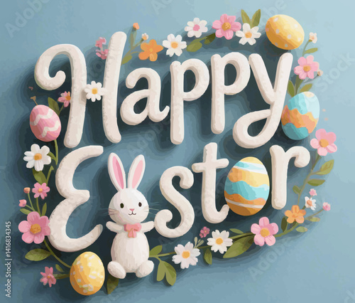 Abstract illustration of easter day writing bunny eggs colorful flowers 3d