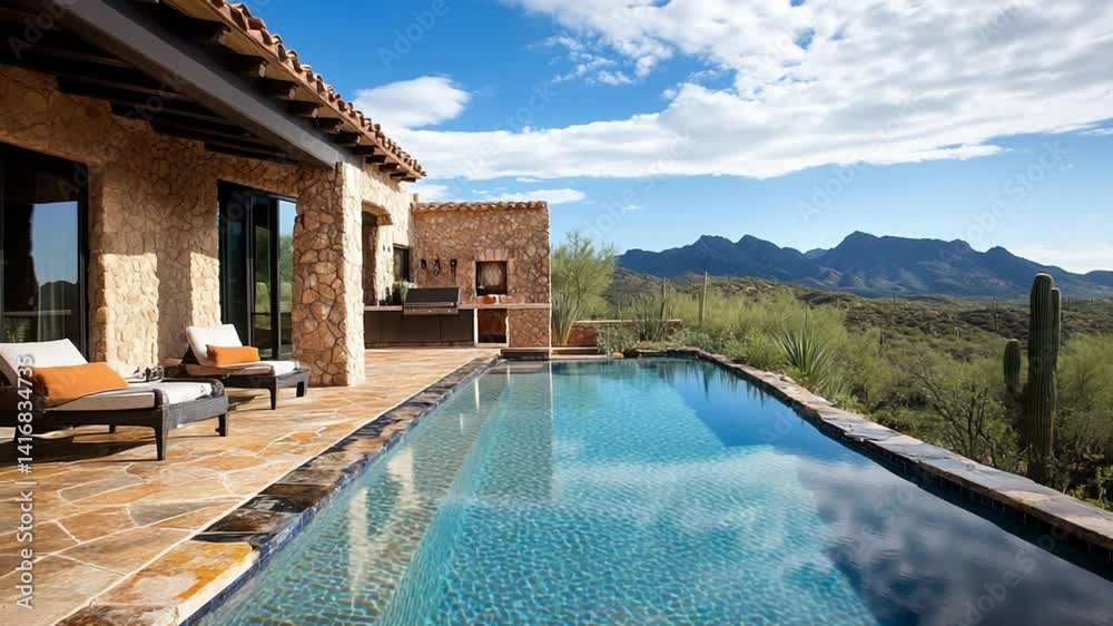 Luxury villa with infinity pool overlooking desert landscape and distant mountain range