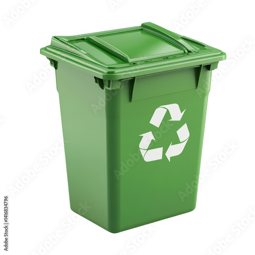 Green Recycling Bin: A green rectangular recycling bin with a lid and a white recycle symbol sticker. The bin is isolated on a white background.
